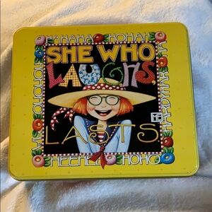 Vintage Mary Engelbreit “She Who Laughs Lasts” Tin